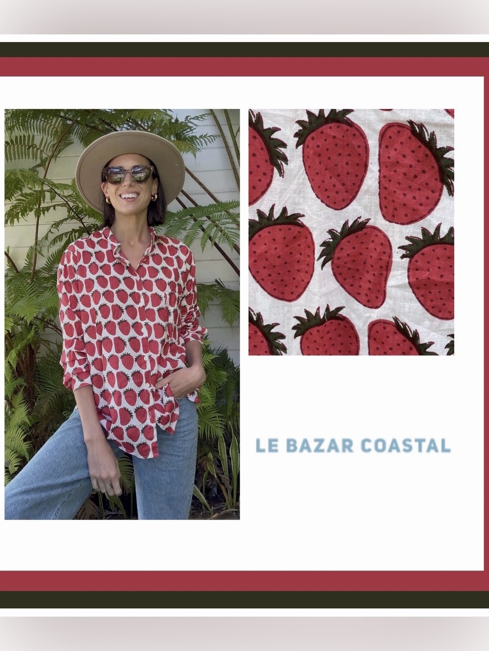 Le Bazar Coastal Women’s Strawberry Print Red Button-Up Blouse Sizes medium